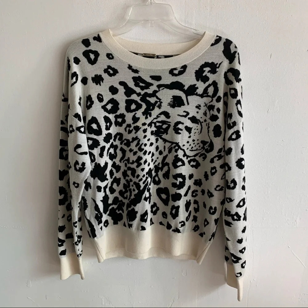 Magaschoni Leopard White/Black Crew Neck Sweater size L